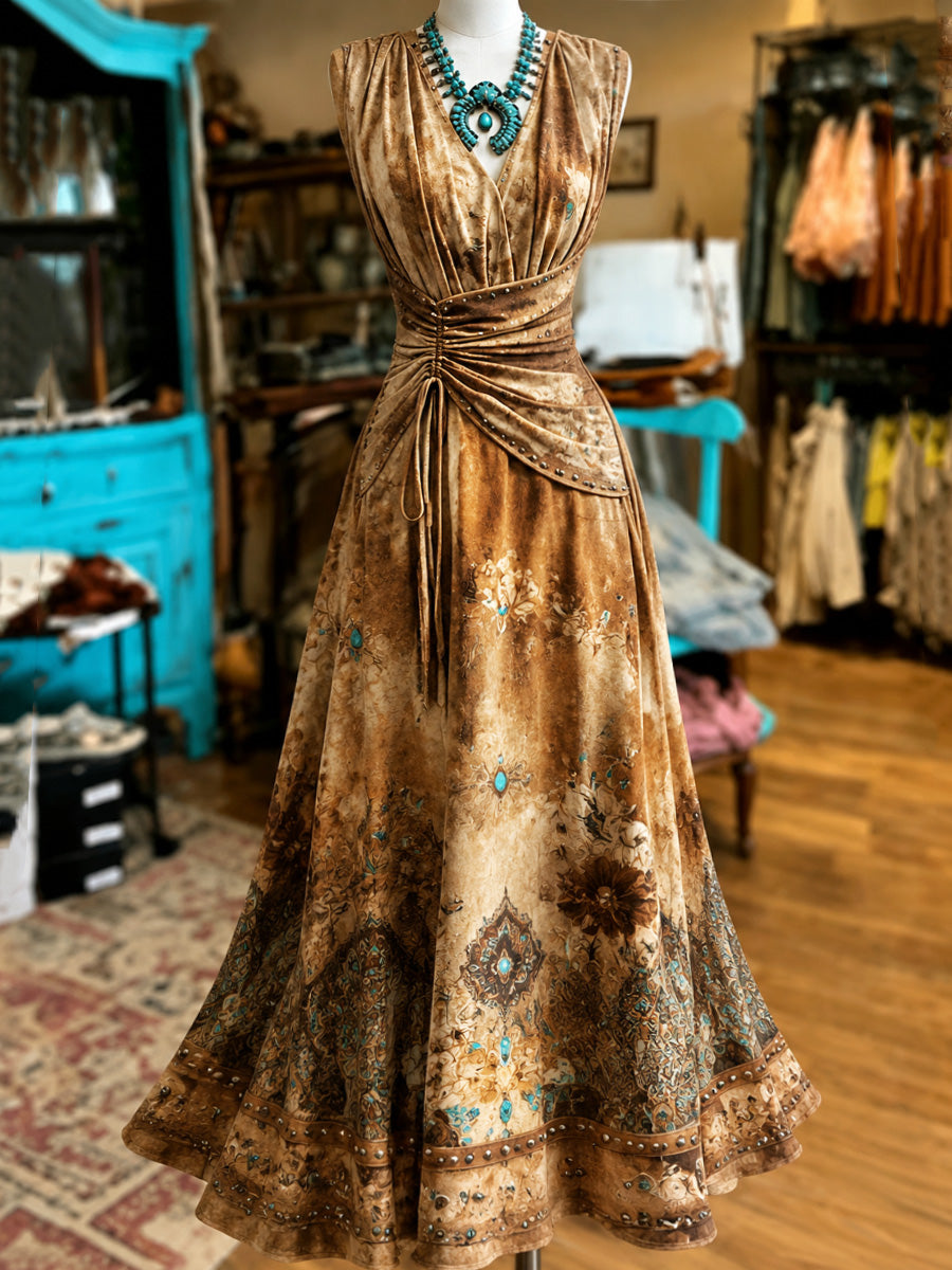 Retro Style Art Printed Elegant V-Neck Vintage Short-Sleeved Maxi Dress